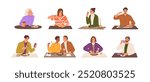 People eat at the table set. Different men and women have meal, lunch with sushi, pasta, noodle. Characters drink cup of coffee with dessert for breakfast. Flat isolated vector illustrations on white