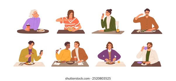 As pessoas comem à mesa. Diferentes homens e mulheres fazem refeições, almoçam com sushi, massas, macarrão. Personagens bebem xícara de café com sobremesa para o café da manhã. Ilustrações isoladas planas de vetor em branco