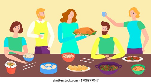 People eating Asian food together, friends cartoon characters, Thanksgiving vector illustration. Woman offers baked turkey for dinner. Holiday meal at home, cheerful guests celebrate social event