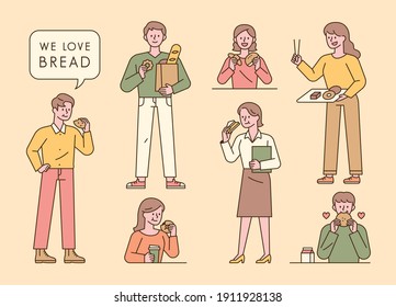 People are eating bread A variety of people choose, wrap, and eat bread at the bakery. flat design style minimal vector illustration.