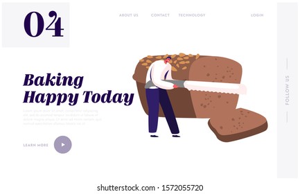 People Eating or Buying Bakery Website Landing Page. Tiny Man Slicing Huge Brown Tommy with Knife, Baked Production and Fresh Bread for Breakfast Web Page Banner. Cartoon Flat Vector Illustration