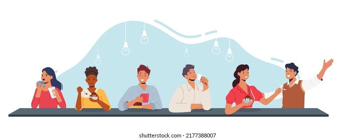 People Eating Cakes, Donuts And Ice Cream At Cafe. Men And Women Tasting Delicious Desserts And Drinking Coffee. Sweet Tooths Characters Enjoying Sugar Food and Meals. Cartoon Vector Illustration