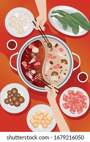 People eating Chinese spicy hot pot, Sichuan Spicy Hot Pot vector illustration menu design template top view on red background