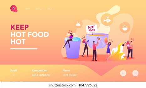 People Eating Concept For Landing Page Template. Tiny Characters At Huge Bowl With Hot Food, Woman Sitting On Cup With Ice Blow On Spicy Meal. Man With Fire Extinguisher. Cartoon Vector Illustration