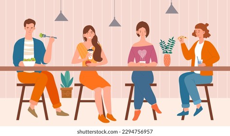 Concepto de alimentación de la gente. Hombres y mujeres sentados en la mesa en la cafetería. Amigos, estudiantes y colegas en la pausa del almuerzo con ensalada, manzana y cóctel, café o té y pizza. Dibujo vectorial plano de dibujos animados