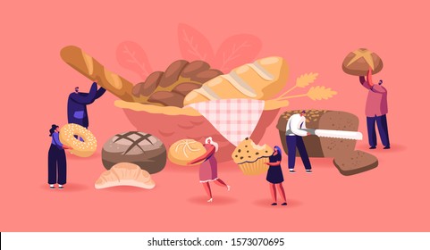 People Eating And Cooking Bakery Concept. Tiny Male And Female Characters Presenting Homemade Bread And Wide Choice Of Fresh Baked And Pastry Production For Purchase. Cartoon Flat Vector Illustration