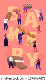 People Eating and Cooking Bakery Concept. Tiny Characters Presenting Homemade Bread and Wide Choice of Fresh Baked Production for Purchase Poster Banner Flyer. Cartoon Flat Vector Illustration