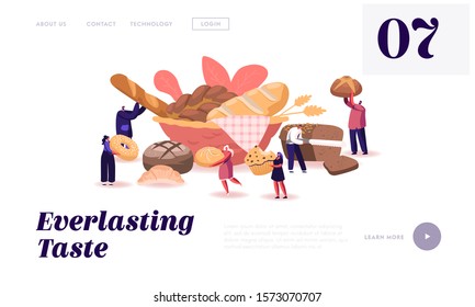 People Eating and Cooking Bakery Website Landing Page. Tiny Characters Presenting Homemade Bread and Wide Choice of Fresh Baked and Pastry Production Web Page Banner. Cartoon Flat Vector Illustration