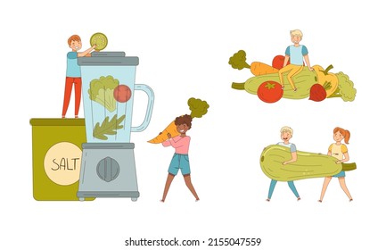 People eating and cooking healthy vegetarian food. Healthy lifestyle, vegetarian diet cartoon vector illustration