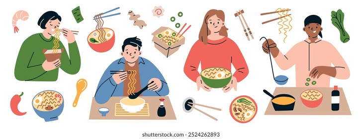 Personas de comer y cocinar ramen, Ilustraciones vectoriales de fideos asiáticos, colección de personajes con cuencos y palillos, ingredientes de sopa de fideos como pastel de pescado, jengibre, cocina coreana o japonesa