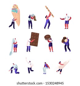 People Eating and Cooking Sweet Food Set. Tiny Characters Holding Huge Chocolate Dessert Dishes, Ice Cream, Choco Paste Candies, Confectioners Staff Decorate Pastry Cartoon Flat Vector Illustration