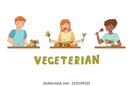 People eating and cooking vegetarian food. Healthy lifestyle, vegetarian diet concept cartoon vector illustration