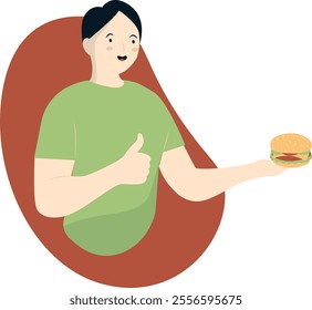 People Eating Delicious Hamburger Illustration. Flat Vector Character.