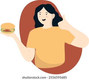 People Eating Delicious Hamburger Illustration. Flat Vector Character.