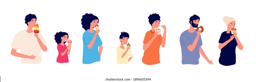 People Eating Dessert. Sweet Food, Child Adult Happy Faces With Delicious Sweets. Woman Eat Cupcake, Ice Cream Cafe Utter Vector Characters