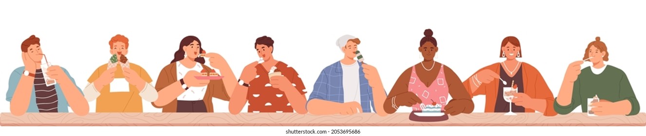 People eating desserts. Banner with men and women enjoying sugar food at table, tasting delicious cakes and ice cream. Sweet teeth border on white background. Colored flat graphic vector illustration