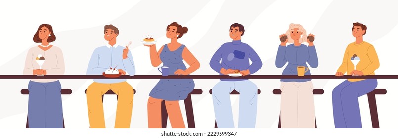 Gente comiendo postres en el café. Los hombres y mujeres jóvenes disfrutan de pasteles, helados, galletas de chocolate y dulces de buey en la cafetería. El concepto de azúcar. Dibujo vectorial plano de dibujos animados