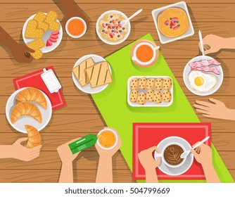People Eating Different Breakfast Meals Together View From Above