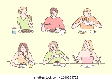 People Eating Different Food Set Concept. Group Of Young People Men Women Boys Girls Eat Various Dishes At Restaurant, Cafe Canteen. Menu Collection Of Food. Lunch, Breakfast, Dinner. Simple Vector