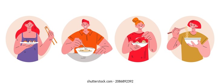 People eating different food sushi rolls, noodles, soup, salad. Set of vector illustrations in flat style.