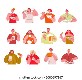 People eating different foods. Set of vector illustrations of characters with meal in flat style.