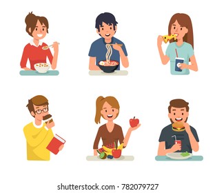 People eating different meals. Flat style vector illustration isolated on white background.