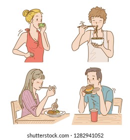 People eating different meals. Girl eating apple, Woman eating rice with a spoon and practicing, Man eating noodles in a bowl, Female lunch. Cartoon vector illustration. Hand drawing.