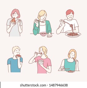 People eating different meals. Hand drawn style vector design illustrations.