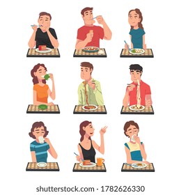 People Eating Different Meals Set, Men and Women Sitting at Tables Enjoying Eating of Delicious Food Vector Illustration