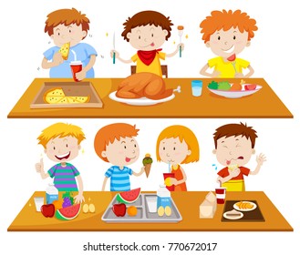 People eating different types of food illustration