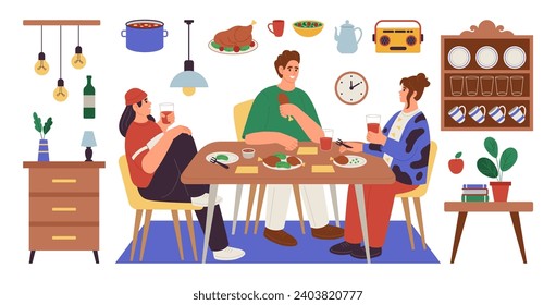 People eating dinner of table. Family lunch. Persons take breakfast at home. Food on tray. Meal serving. Cups and plates at cupboard. Cooking in kitchen. Furniture objects. Vector dining elements set