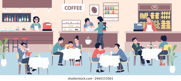 People eating and drinking on food court. Food stalls with coffee, pastries and cakes. Families and single person in cafe, recent vector scene