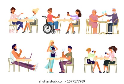 People eating and drinking outside bundle. Love couples, family, seniors and friends in cafe, restaurant or food court. Flat Art Vector Illustration