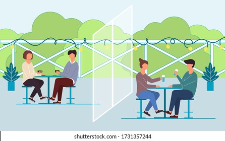 People Eating And Drinking At The Tables. Social Distance In Street Cafe. Social Distancing Is New Normal. Concept People Sitting Away To Prevent COVID-19 Coronavirus. Vector Illustration.