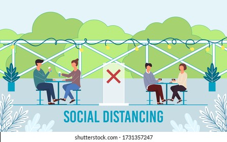 People Eating And Drinking At The Tables. Social Distance In Street Cafe. Social Distancing Is New Normal. Concept People Sitting Away To Prevent COVID-19 Coronavirus. Vector Illustration.