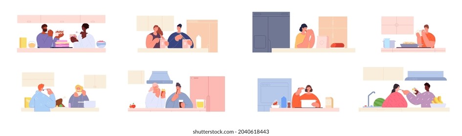 People eating. Eat on kitchen, couple prepare food and testing ingredients. Breakfast, lunch or dinner. Cooking meal at home utter vector set