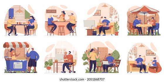 People eating fast food collection of scenes isolated. Customers at street cafes and restaurants, set in flat design. Vector illustration for blogging, website, mobile app, promotional materials.