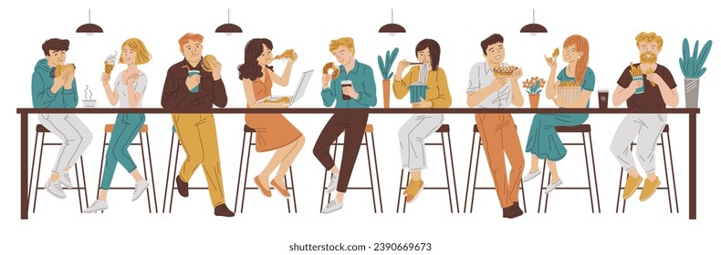 People eating fast food, vector illustrations. Young men and women snacking pizza, burgers, hot dogs and other tasty meal together. Friends having lunch at the table. Drawing in cartoon flat style