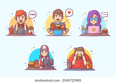 People Eating Fast Food Vector Design Illustration Pack. People Food Icon Concept Isolated Premium Vector. Flat Cartoon Style