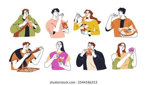 Personas comiendo comida chatarra rápida. Hombres, mujeres que tienen comidas poco saludables, refrigerios de grasa. Personajes hambrientos disfrutando de hamburguesas, pizzas, sándwiches, patatas fritas. Ilustración vectorial plana aislada sobre fondo blanco