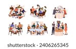 People eating at the festive table set. Family have dinner together. Friends have lunch for pizza. Couple on date in restaurant. Women drink coffee in cafe. Flat isolated vector illustration on white