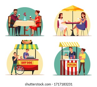 People eating food at cafe and snacking street market scene set. Lover couple drink have romantic dinner at restaurant. Girl friend rest at outdoor cafeteria. Man and woman buy hotdog and pop corn