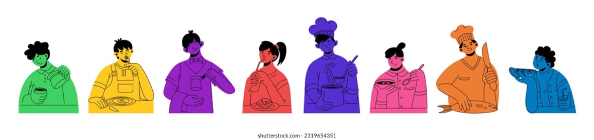 People eating food. Cook chef icons. Pizza and burger on kitchen. Cartoon restaurant characters. Persons cooking dinner. Coffee cup. Man and woman portraits set. Vector illustration design