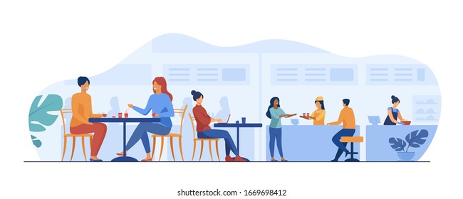 People eating in food court cafeterias. Cartoon characters sitting at cafe tables and having lunch or dinner. Vector illustration for restaurant interior, catering, shopping mall concept