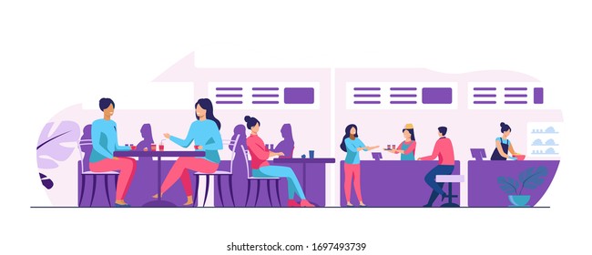 People eating in food court cafeterias. Cartoon characters sitting at cafe tables and having lunch or dinner. Vector illustration for restaurant interior, catering, shopping mall concept