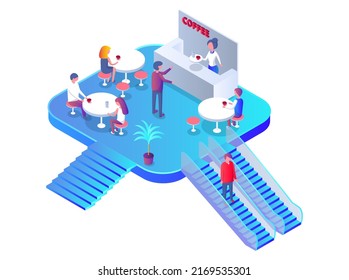 People eating in food court cafeterias in shopping mall. Cartoon characters sitting at cafe tables and having lunch or dinner. Vector illustration for restaurant interior, catering, retail store