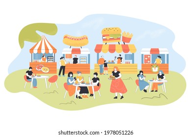 People eating at food court. Flat vector illustration. Cartoon characters spending time with friends, buying different fast food, pizza, burgers, Chinese food. Fast food, cafe, family, weekend concept