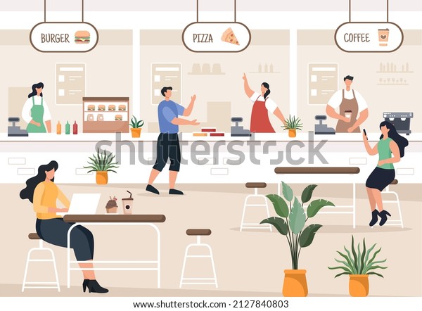 People Eating in Food Court in\
the Middle of a Shopping Center Serving Fast Food Such as Pizza,\
Burgers or Tacos in the Form of Cartoon Flat Vector Illustration\
