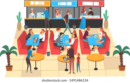 People Eating in Food Court in Shopping Mall, People Buying Fast Food and Drinks Vector Illustration