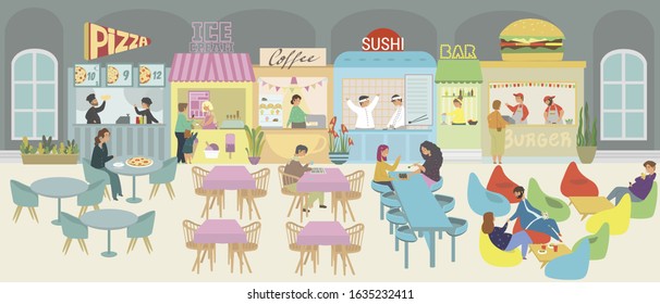 People eating at a food court in a shopping mall flat vector illustration. A large eating area with people, with different restaurants and cafes, pizza, burgers, sushi, coffee, croissants, ice cream.